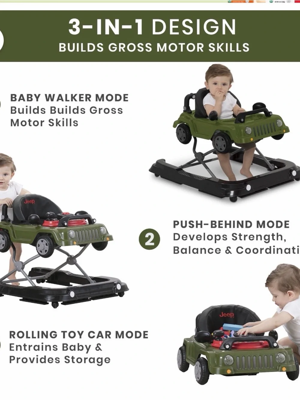 Brand new Jeep Olive Green Walker with Black Seat and Red Activity Tray